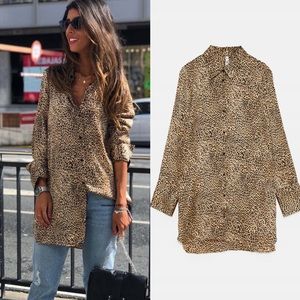 ZARA Satin Effect Leopard Print Long Button Up Blouse Long sleeve Printed Tunic